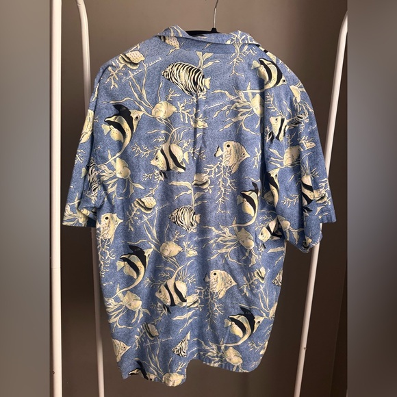Blue and White Casual Button Down Shirt with Tropical Fish Print - Picture 2 of 4